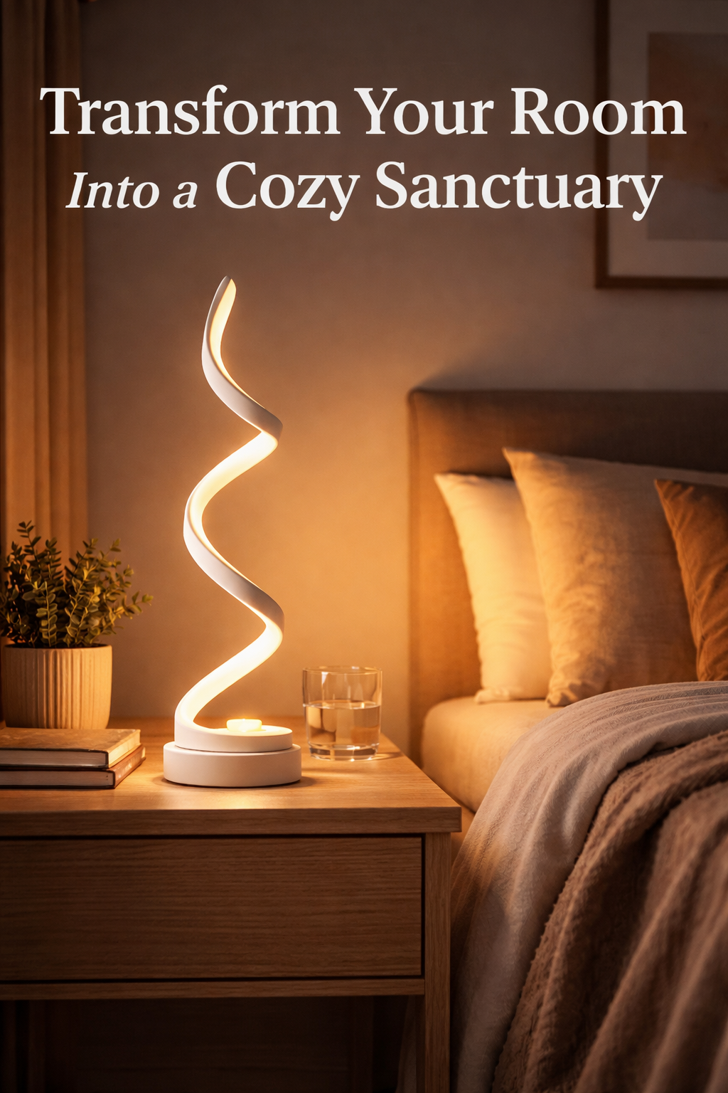 Cozy bedroom with a lit lamp on a nightstand, text overlay 'Transform Your Room Into a Cozy Sanctuary'.